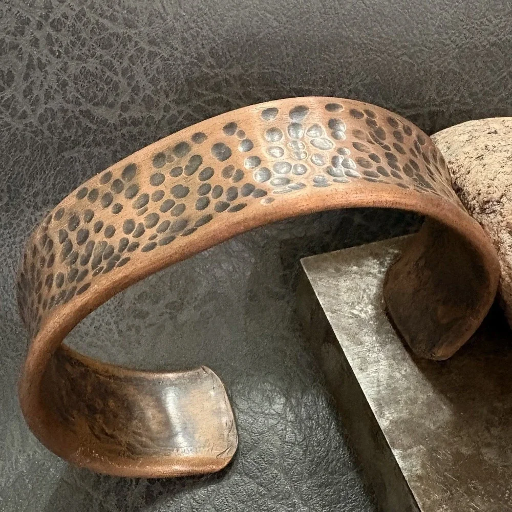 Brutalist Modernist Men's Dimple Hammered Thick Pure Copper Cuff Bracelet Viking - Picture 6 of 9